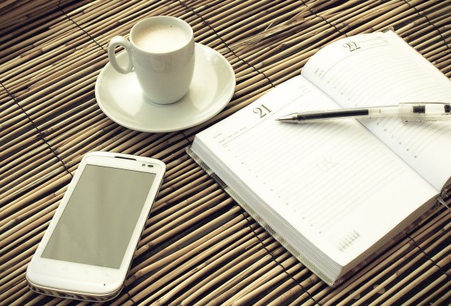 Morning coffee - Mock up set of smartphone with notebook and cup